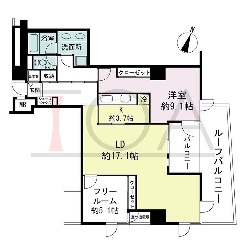 新神戸アパートメントの間取り図 北東向き角 1LDK+F 専有面積81.47m2
バルコニー面積6.50m2
ルーフバルコニー面積13.89m2