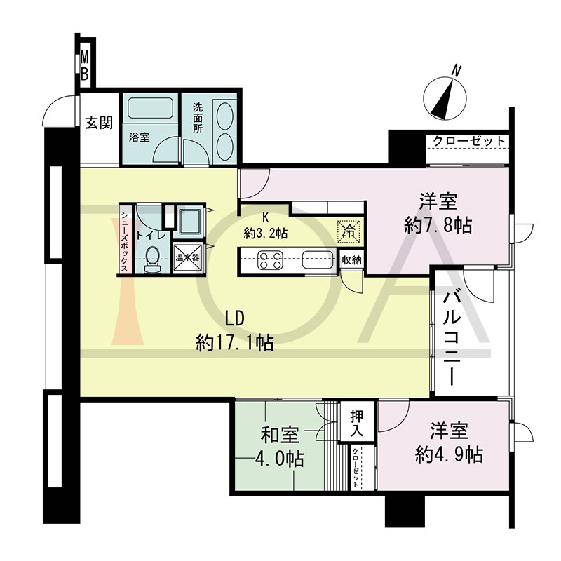 新神戸アパートメントの間取り図 北東向き 3LDK 専有面積83.56m2
バルコニー面積6.50m2
