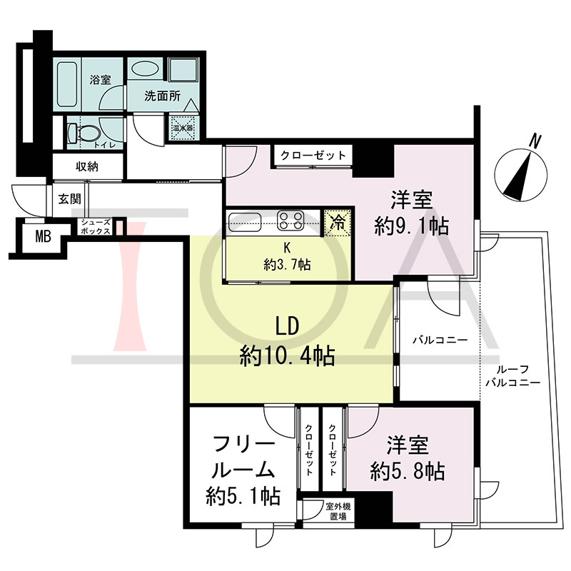 新神戸アパートメントの間取り図 北東向き角 2LDK+F 専有面積81.47m2
バルコニー面積6.50m2
ルーフバルコニー面積13.89m2