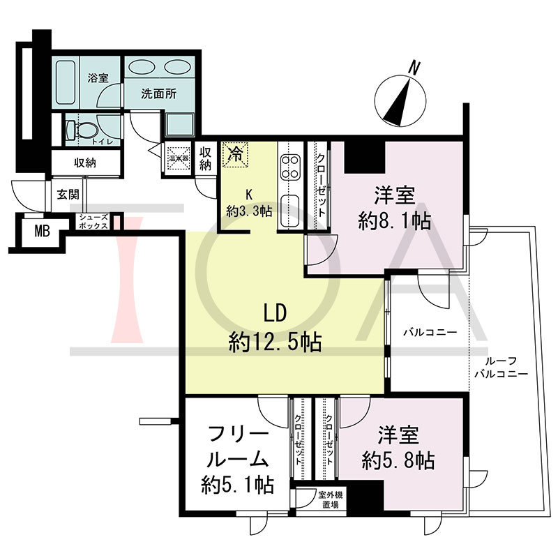 新神戸アパートメントの間取り図 北東向き角 2LDK+F 専有面積81.47m2
バルコニー面積6.50m2
ルーフバルコニー面積13.89m2