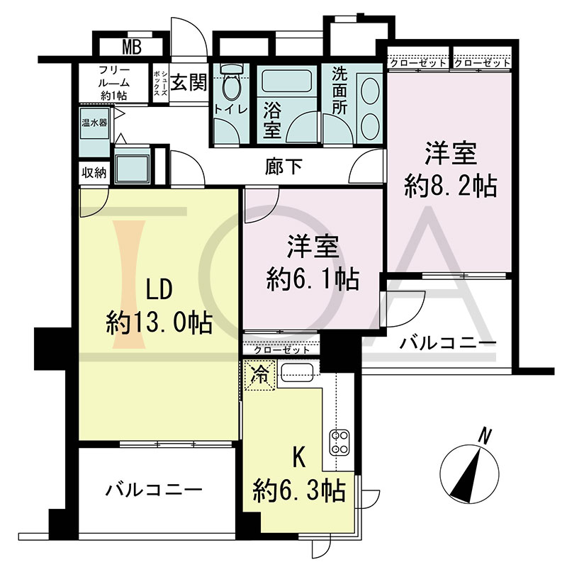 新神戸アパートメントの間取り図 南東向き 2LDK+F 専有面積78.53m2
バルコニー面積13.91m2
