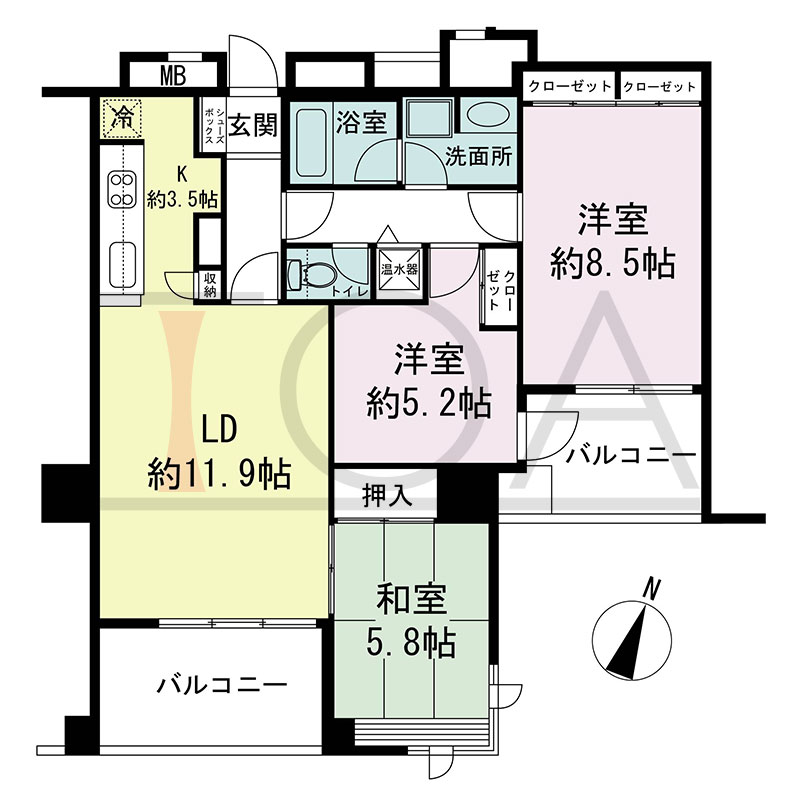 新神戸アパートメントの間取り図 南東向き 3LDK 専有面積78.53m2
バルコニー面積13.91m2