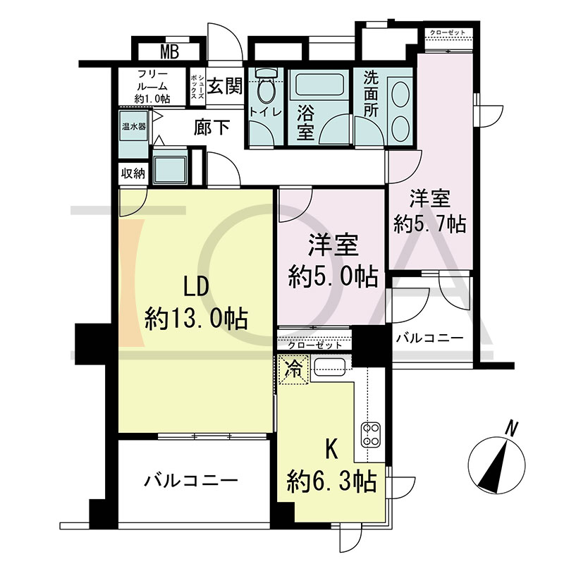 新神戸アパートメントの間取り図 南東向き 2LDK+F 専有面積71.28m2
バルコニー面積11.70m2