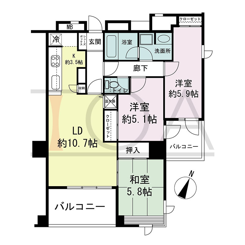 新神戸アパートメントの間取り図 南東向き 3LDK 専有面積71.28m2
バルコニー面積11.70m2