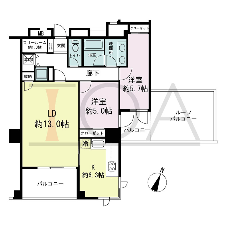 新神戸アパートメントの間取り図 南東向き角 2LDK+F 専有面積71.28m2
バルコニー面積11.70m2
ルーフバルコニー面積14.64m2