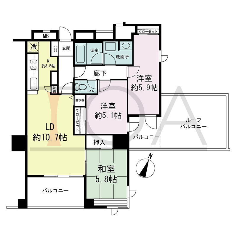 新神戸アパートメントの間取り図 南東向き角 3LDK 専有面積71.28m2
バルコニー面積11.70m2
ルーフバルコニー面積14.64m2