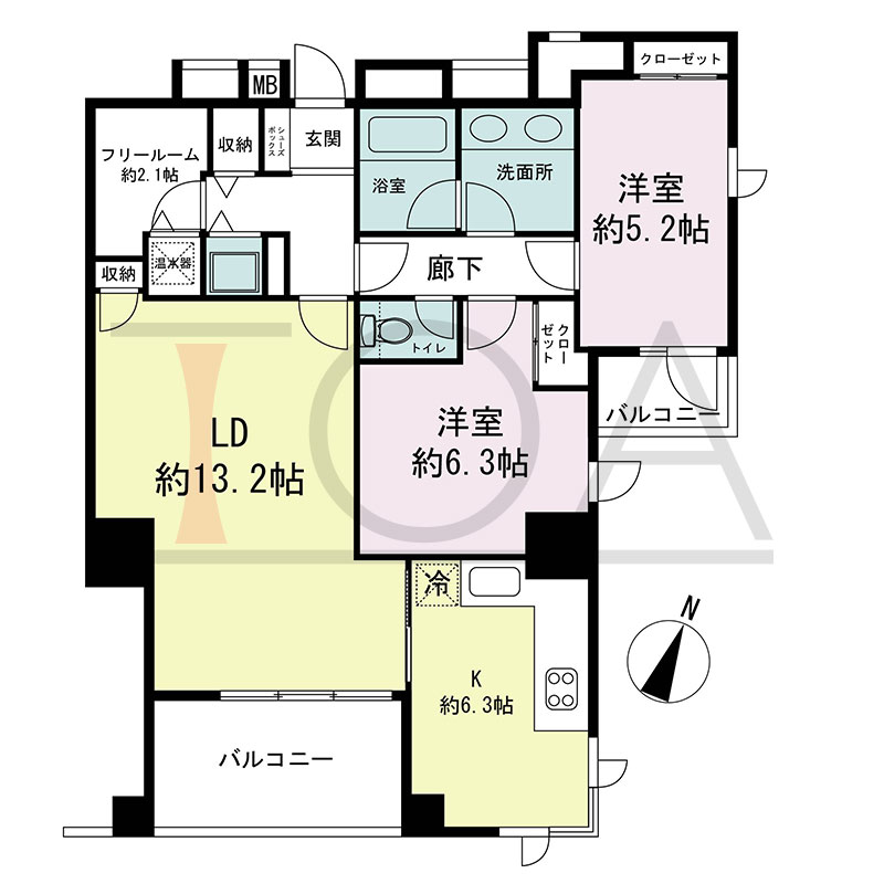 新神戸アパートメントの間取り図 南東向き 2LDK+F 専有面積73.84m2
バルコニー面積9.70m2
ルーフトップバルコニー面積34.53m2