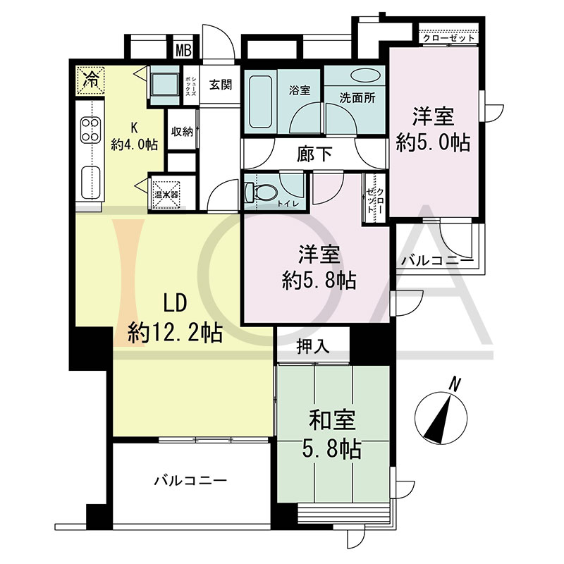 新神戸アパートメントの間取り図 南東向き 3LDK 専有面積73.84m2
バルコニー面積9.70m2
ルーフトップバルコニー面積34.53m2