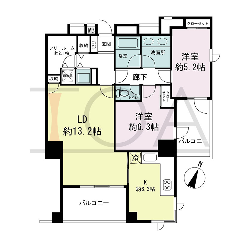新神戸アパートメントの間取り図 南東向き 2LDK+F 専有面積73.84m2
バルコニー面積14.04m2