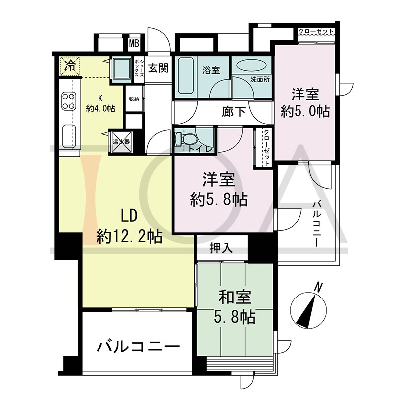 新神戸アパートメントの間取り図 南東向き 3LDK 専有面積73.84m2
バルコニー面積14.04m2
