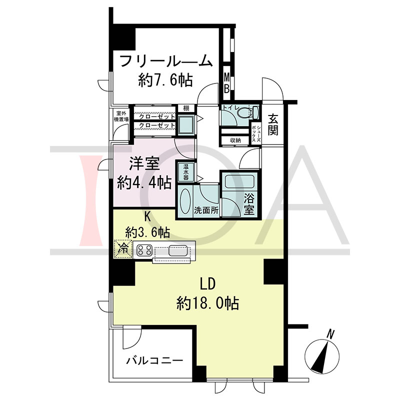 新神戸アパートメントの間取り図 南東向き角 1LDK+F 専有面積75.17m2
バルコニー面積6.50m2
