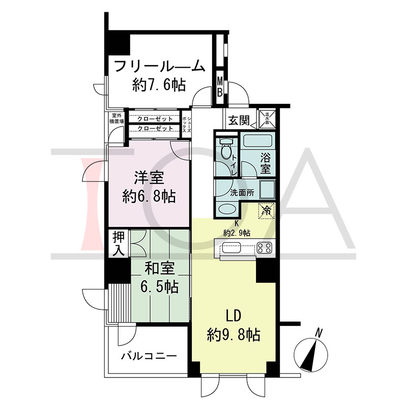 新神戸アパートメントの間取り図 南東向き角 2LDK+F 専有面積75.17m2
バルコニー面積6.50m2