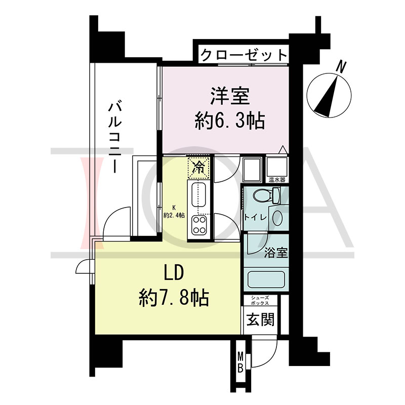 新神戸アパートメントの間取り図 西向き 1LDK 専有面積40.26m2
バルコニー面積8.70m2から9.89m2のお部屋あり