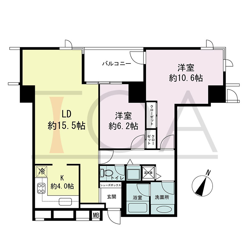 新神戸アパートメントの間取り図 北西向き 2LDK 専有面積80.04m2
バルコニー面積7.11m2