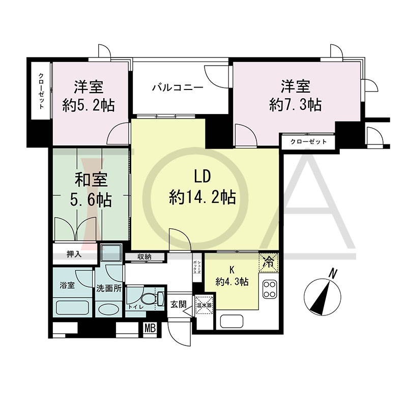 新神戸アパートメントの間取り図 北西向き 3LDK 専有面積80.04m2
バルコニー面積7.11m2