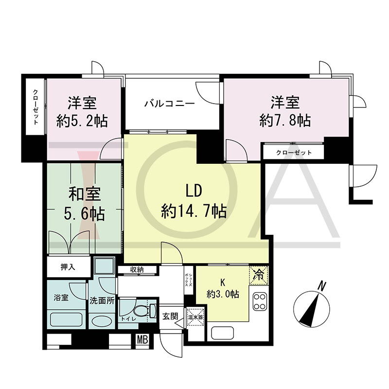 新神戸アパートメントの間取り図 北西向き 3LDK 専有面積78.84m2
バルコニー面積7.11m2
