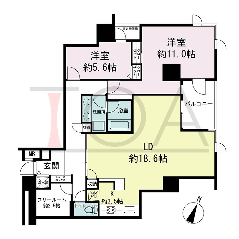新神戸アパートメントの間取り図 北東向き角 2LDK+F 専有面積91.65m2
バルコニー面積6.50m2