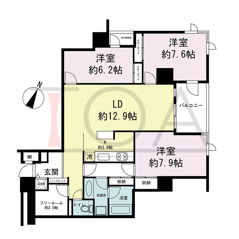 新神戸アパートメントの間取り図 北東向き角 3LDK+F 専有面積91.65m2
バルコニー面積6.50m2