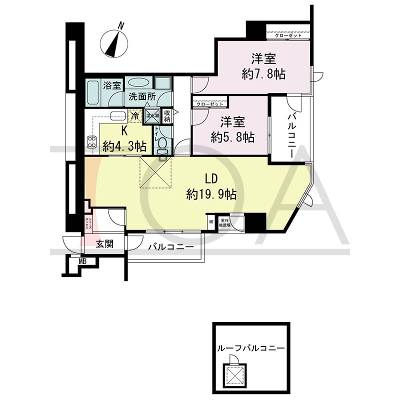 新神戸アパートメントの間取り図 南東向き角 2LDK 専有面積82.64m2
バルコニー面積11.48m2
ルーフトップバルコニー面積50.82m2