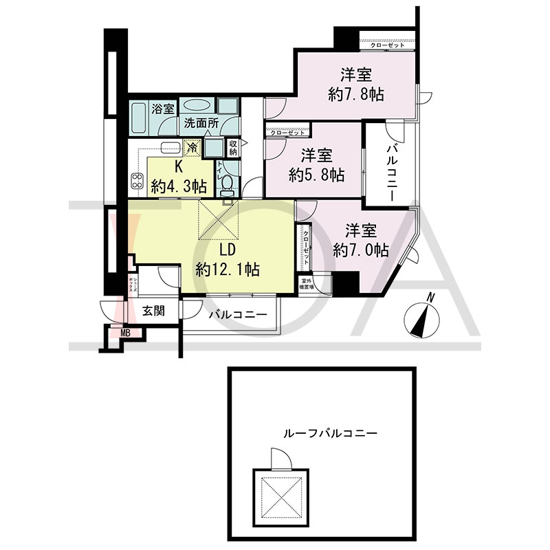 新神戸アパートメントの間取り図 南東向き角 3LDK 専有面積82.64m2
バルコニー面積11.48m2
ルーフトップバルコニー面積50.82m2