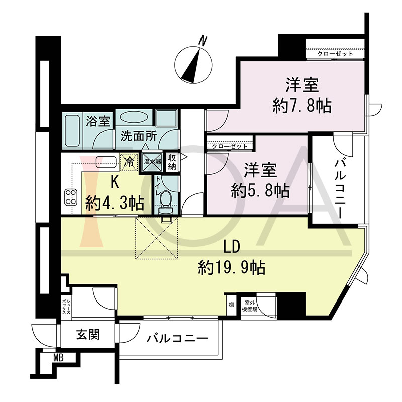 新神戸アパートメントの間取り図 北東向き角 2LDK 専有面積82.87m2
バルコニー面積11.48m2