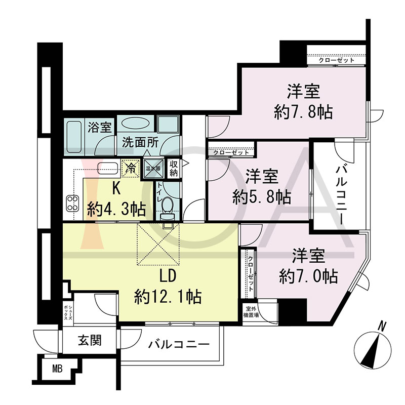 新神戸アパートメントの間取り図 北東向き角 3LDK 専有面積82.87m2
バルコニー面積11.48m2