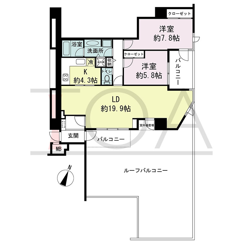 新神戸アパートメントの間取り図 南東向き角 2LDK 専有面積82.87m2
バルコニー面積11.48m2
ルーフバルコニー面積60.72m2