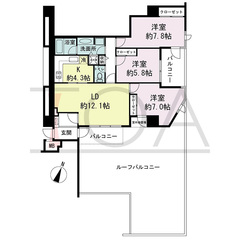 新神戸アパートメントの間取り図 南東向き角 3LDK 専有面積82.87m2
バルコニー面積11.48m2
ルーフバルコニー面積60.72m2