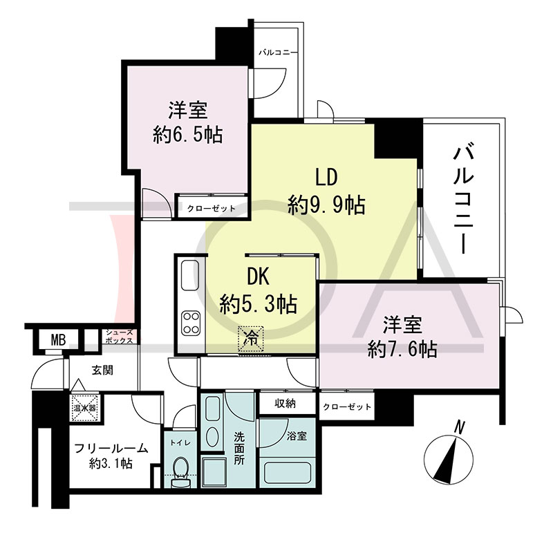 新神戸アパートメントの間取り図 北東向き角 2LDK+F 専有面積78.35m2
バルコニー面積11.04m2