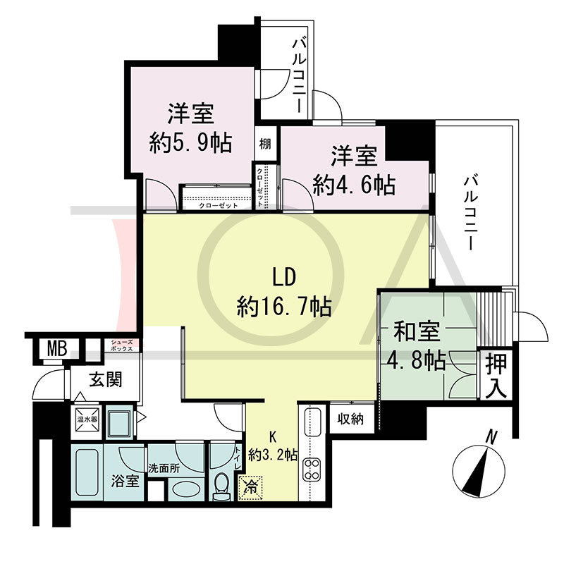 新神戸アパートメントの間取り図 北東向き角 3LDK 専有面積78.35m2
バルコニー面積11.04m2