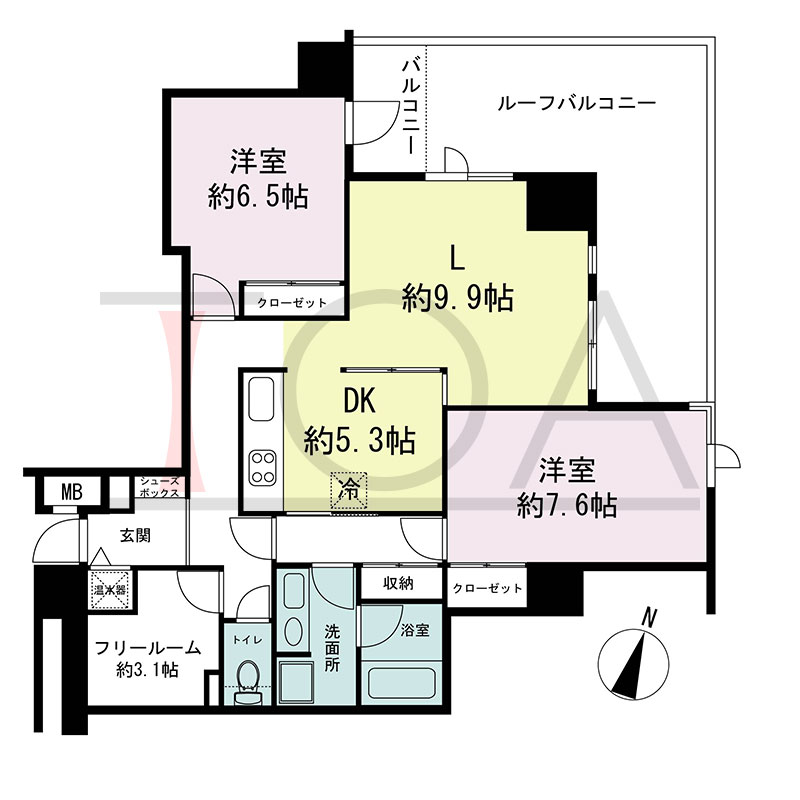 新神戸アパートメントの間取り図 北東向き角 2LDK+F 専有面積78.35m2
バルコニー面積11.04m2
ルーフバルコニー面積11.78m2