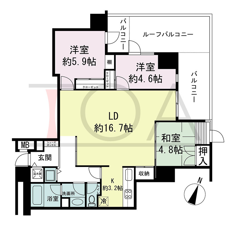 新神戸アパートメントの間取り図 北東向き角 3LDK 専有面積78.35m2
バルコニー面積11.04m2
ルーフバルコニー面積11.78m2