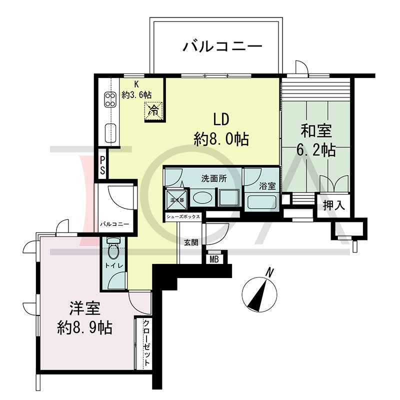 新神戸アパートメントの間取り図 北西向き角 2LDK 専有面積65.86m2
バルコニー面積12.01m2
ルーフバルコニー面積30.26m2