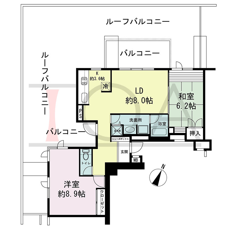 新神戸アパートメントの間取り図 北西向き角 2LDK 専有面積65.86m2
バルコニー面積12.01m2
ルーフバルコニー面積80.06m2