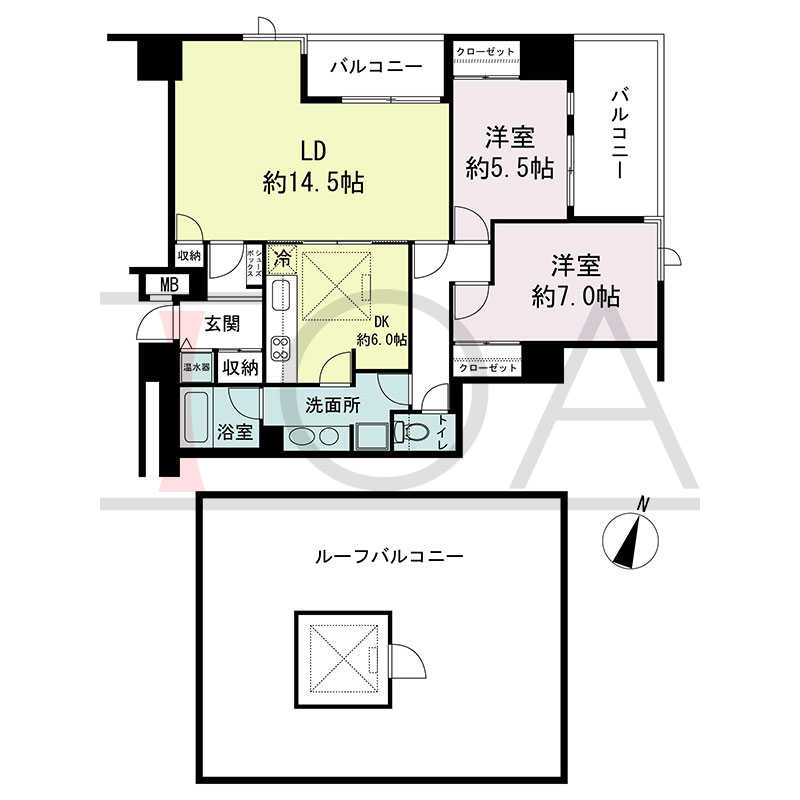 新神戸アパートメントの間取り図 北西向き角 2LDK 専有面積78.70m2
バルコニー面積12.51m2
ルーフトップバルコニー面積53.15m2
