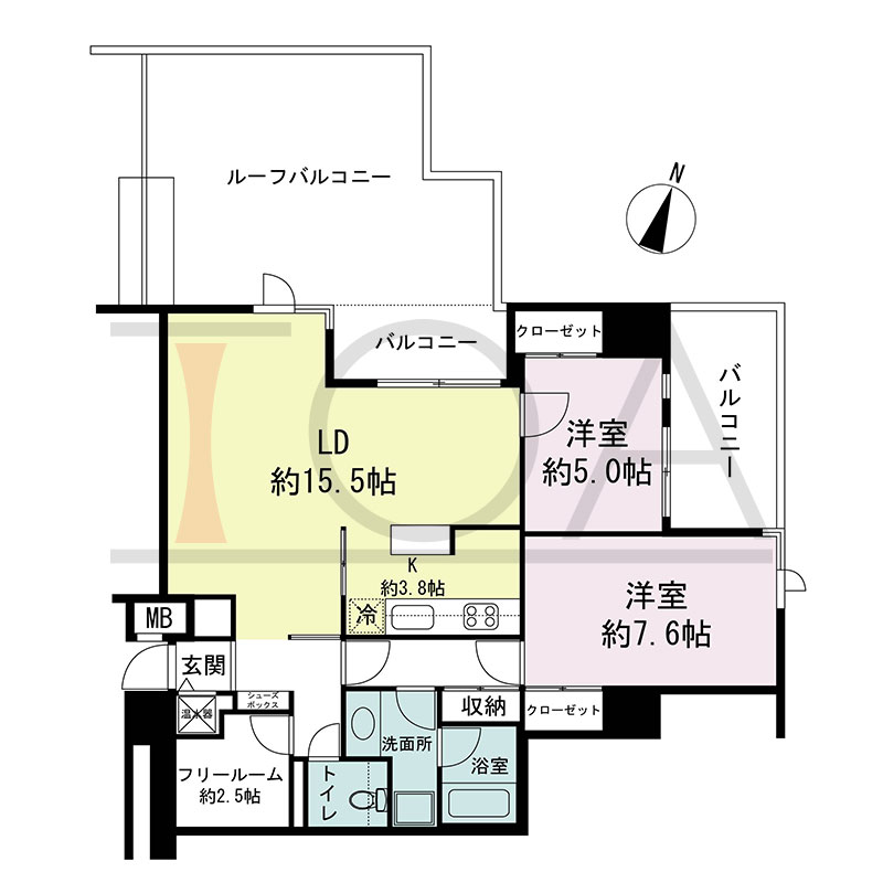 新神戸アパートメントの間取り図 北西向き角 2LDK 専有面積78.70m2
バルコニー面積12.51m2
ルーフバルコニー面積25.56m2