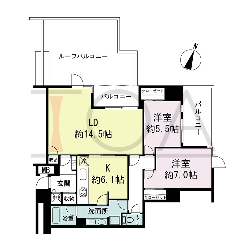 新神戸アパートメントの間取り図 北西向き角 2LDK+F 専有面積78.70m2
バルコニー面積12.51m2
ルーフバルコニー面積25.56m2