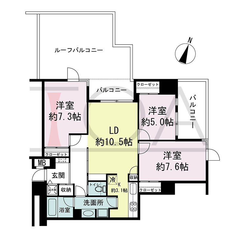 新神戸アパートメントの間取り図 北西向き角 2LDK+F 専有面積78.70m2
バルコニー面積12.51m2
ルーフバルコニー面積25.56m2