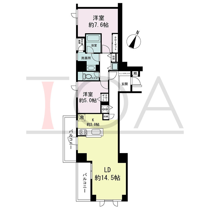 新神戸アパートメントの間取り図 南西向き角 2LDK+F 専有面積75.52m2
バルコニー面積10.52m2
ルーフトップバルコニー面積23.81m2