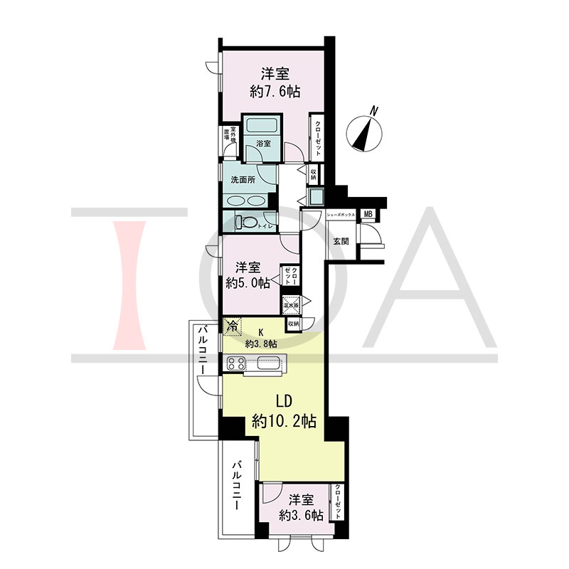 新神戸アパートメントの間取り図 南西向き角 3LDK 専有面積75.52m2
バルコニー面積10.52m2
ルーフトップバルコニー面積23.81m2