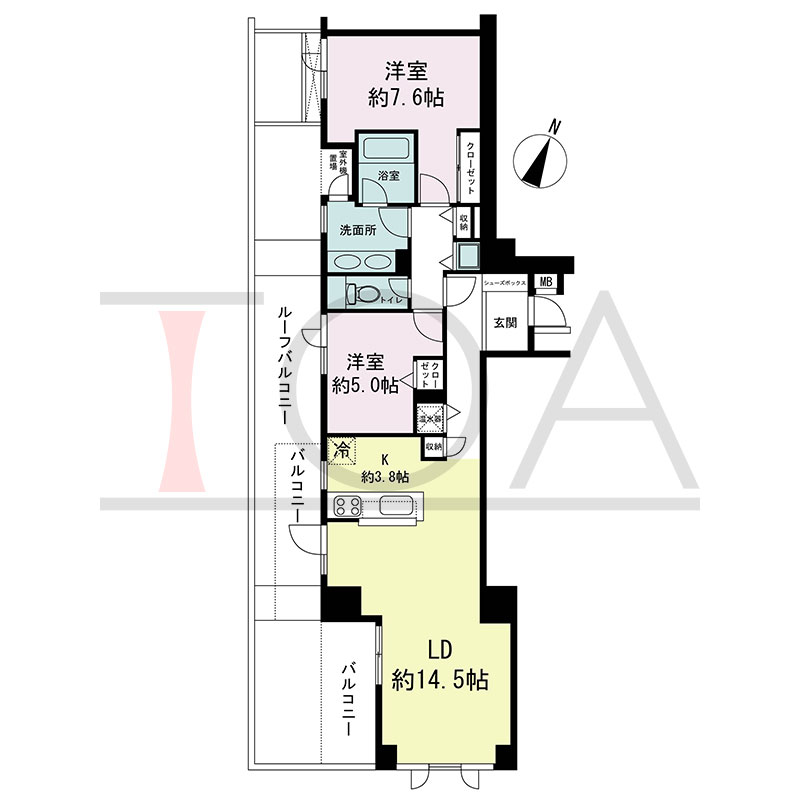新神戸アパートメントの間取り図 南西向き角 2LDK 専有面積75.52m2
バルコニー面積10.52m2
ルーフバルコニー面積25.72m2