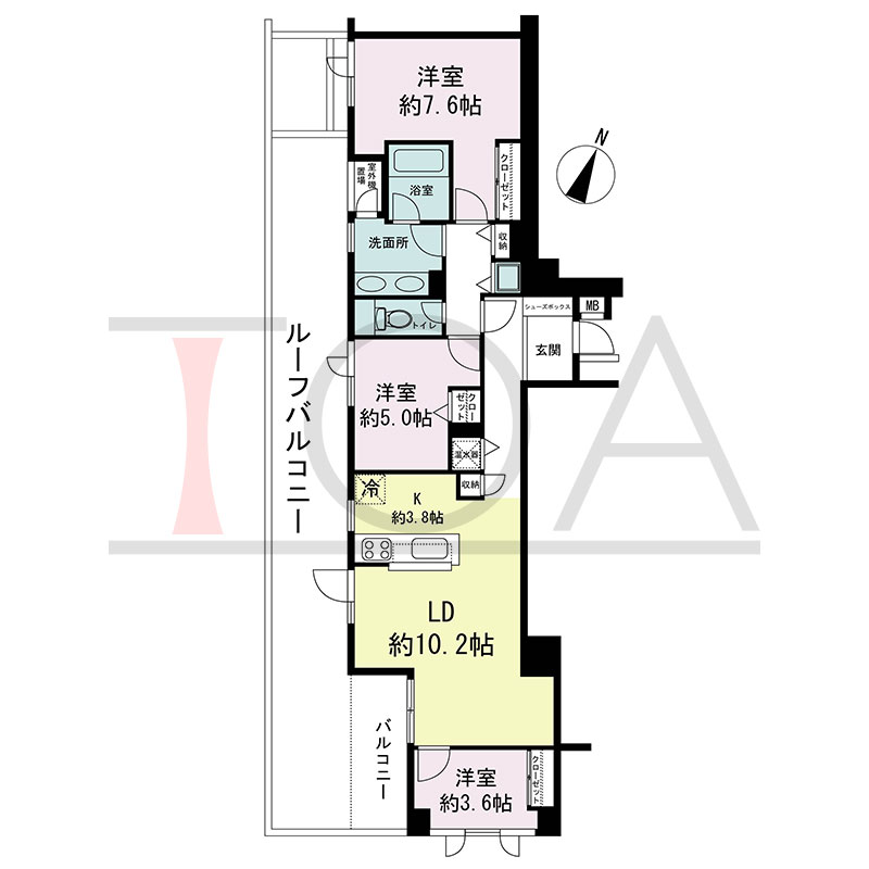 新神戸アパートメントの間取り図 南西向き角 3LDK 専有面積75.52m2
バルコニー面積10.52m2
ルーフバルコニー面積25.72m2