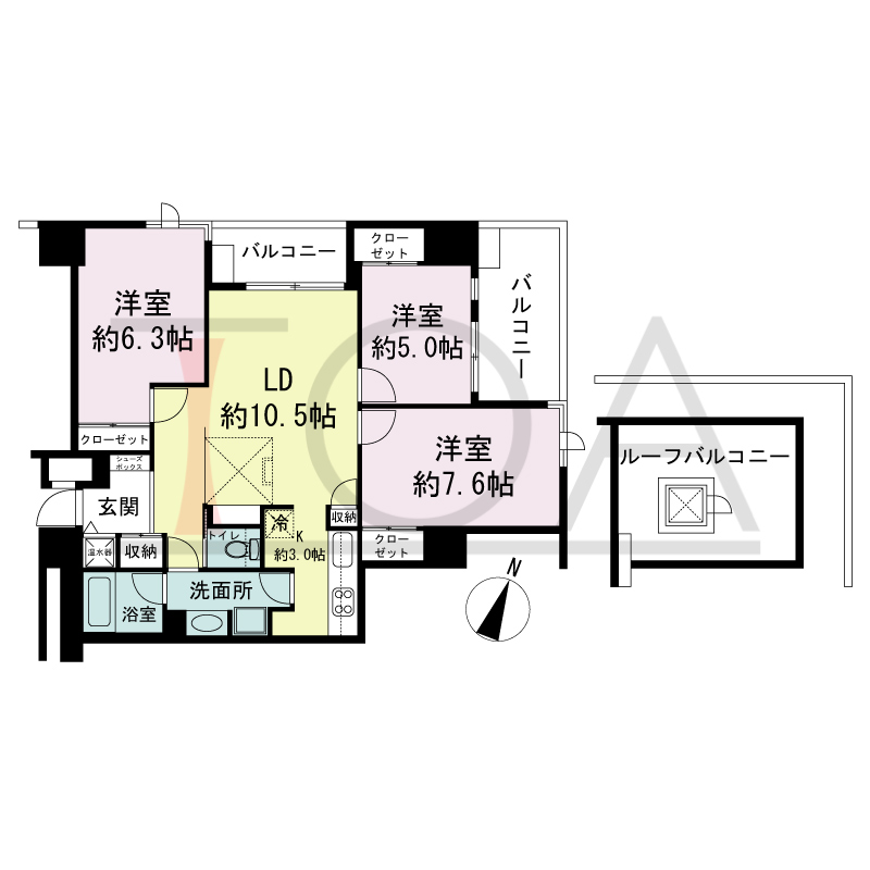 新神戸アパートメントの間取り図 北西向き角 3LDK 専有面積78.70m2
バルコニー面積12.51m2
ルーフトップバルコニー面積53.15m2