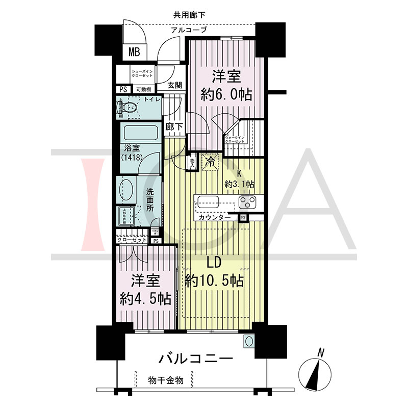 ジ・アーバネックス六甲道の間取り図 南向き 2LDK 専有面積55.56m2
バルコニー面積10.60m2から12.00m2のお部屋あり
アルコーブ面積3.88m2