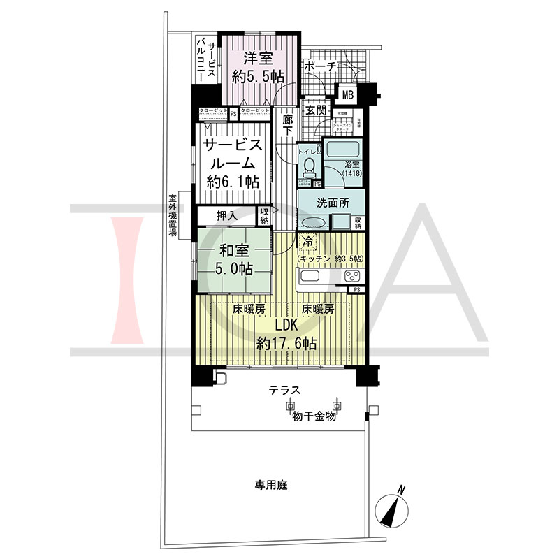 アルファステイツ六甲篠原の間取り図 南東向き角 2LDK+S 専有面積80.18m2
ポーチ面積4.68m2
サービスバルコニー面積2.50m2
テラス面積12.24m2
専用庭面積45.22m2
