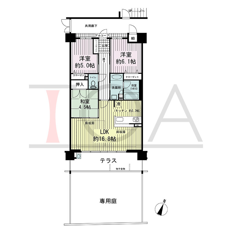 アルファステイツ六甲篠原の間取り図 南東向き 3LDK 専有面積71.23m2
アルコーブ面積2.16m2
テラス面積12.06m2
専用庭面積29.48m2