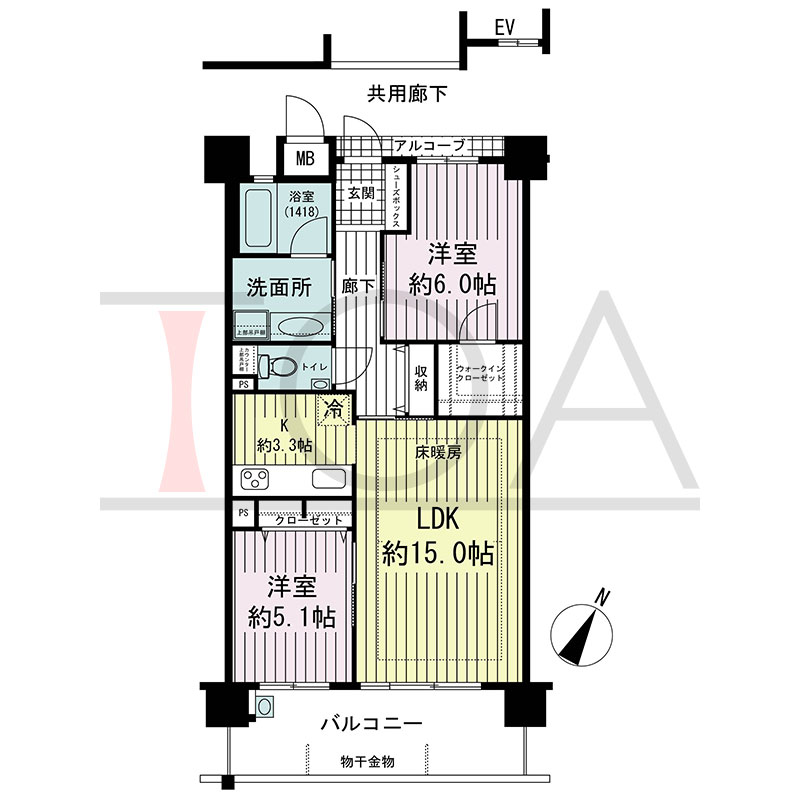 アルファステイツ六甲篠原の間取り図 南東向き 2LDK+W 専有面積63.46m2
アルコーブ面積1.56m2
バルコニー面積10.80m2