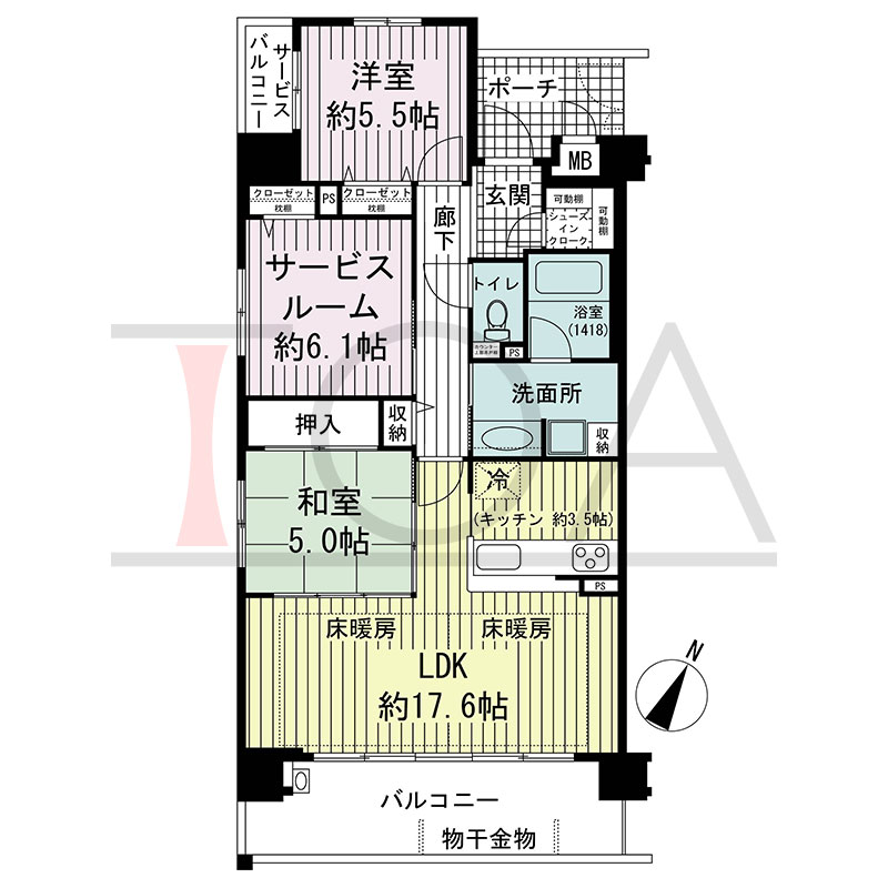 アルファステイツ六甲篠原の間取り図 南東向き角 2LDK+S 専有面積80.18m2
ポーチ面積4.68m2
バルコニー面積12.24m2
サービスバルコニー面積2.50m2