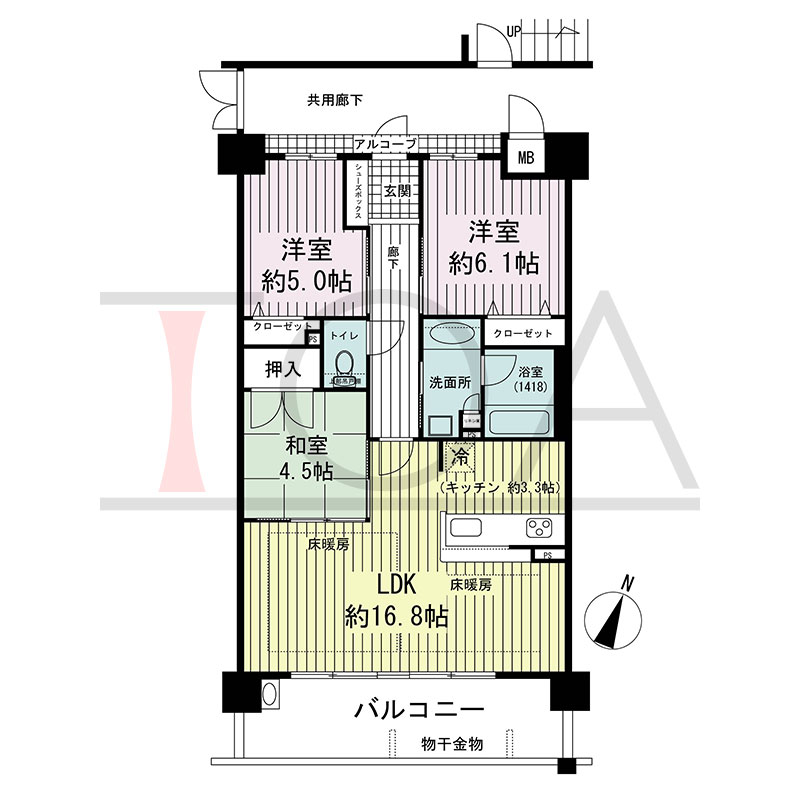 アルファステイツ六甲篠原の間取り図 南東向き 3LDK 専有面積71.23m2
アルコーブ面積2.16m2
バルコニー面積12.06m2