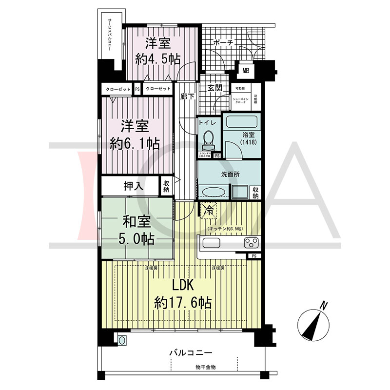 アルファステイツ六甲篠原の間取り図 南東向き角 3LDK 専有面積78.44m2
ポーチ面積4.68m2
バルコニー面積12.24m2
サービスバルコニー面積2.50m2